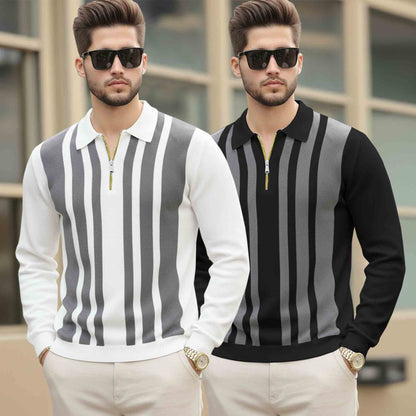 (Pack Of 2) Quarter Zip Polo Neck Vertical Striped Full Sleeve T-shirts White & Black