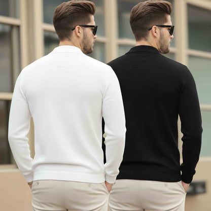 (Pack Of 2) Quarter Zip Polo Neck Vertical Striped Full Sleeve T-shirts White & Black