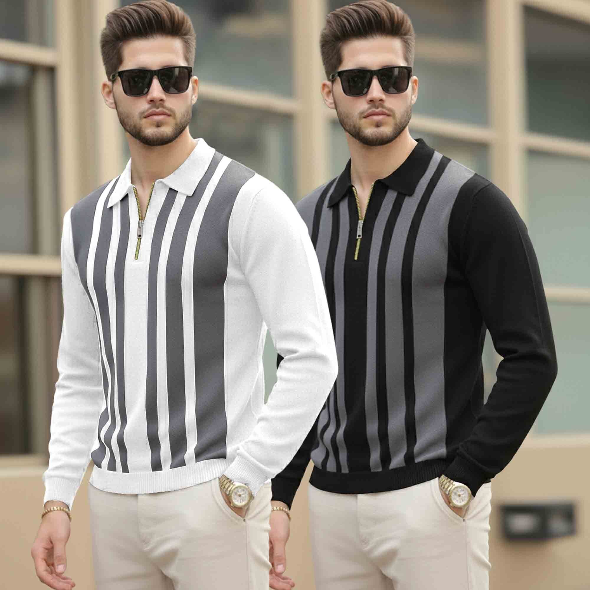 (Pack Of 2) Quarter Zip Polo Neck Vertical Striped Full Sleeve T-shirts White & Black
