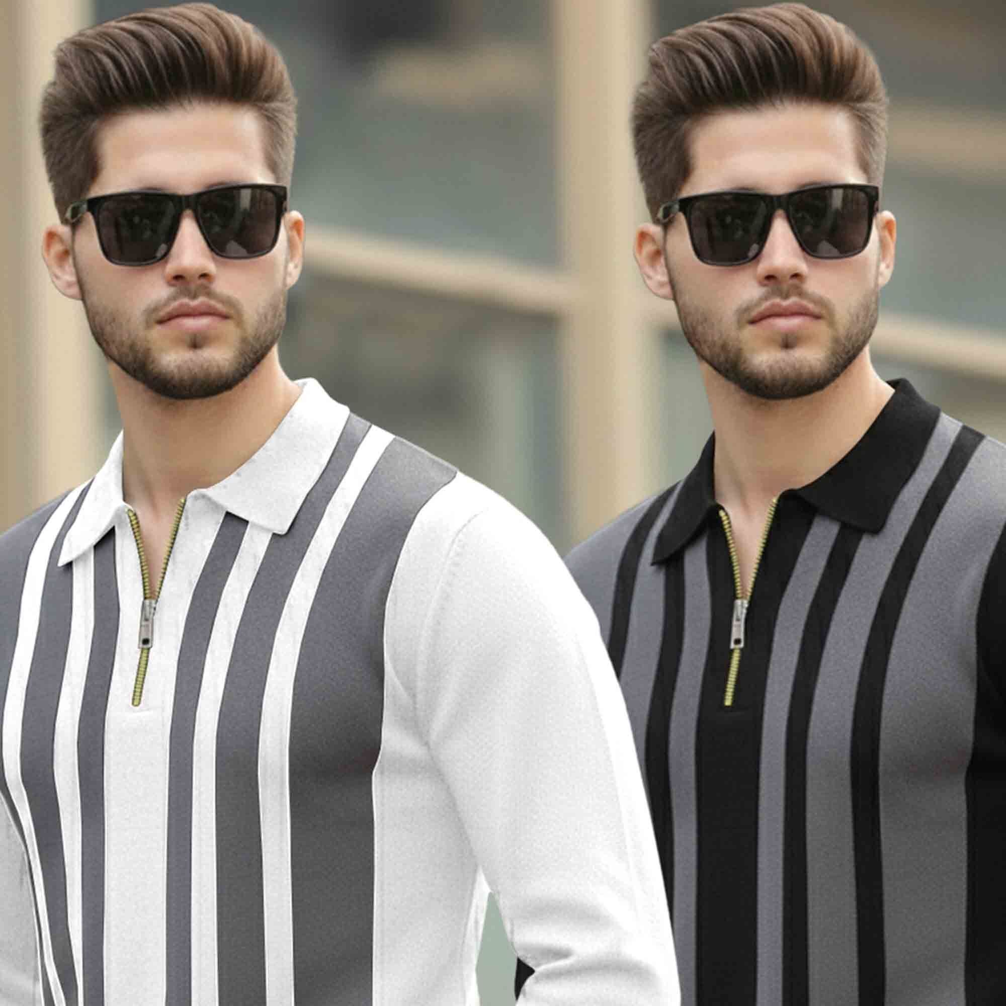 (Pack Of 2) Quarter Zip Polo Neck Vertical Striped Full Sleeve T-shirts White & Black