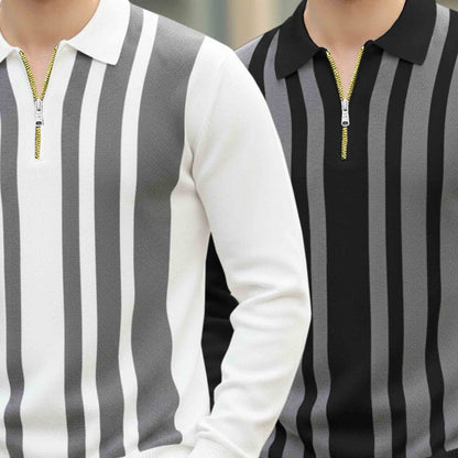 (Pack Of 2) Quarter Zip Polo Neck Vertical Striped Full Sleeve T-shirts White & Black