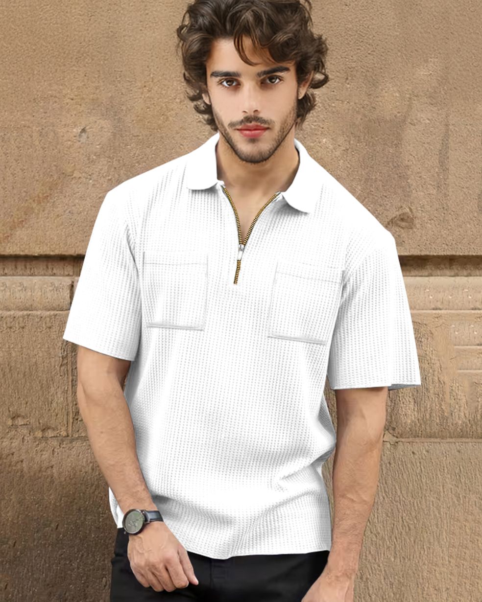 Half Sleeve Double Poacket Polo Waffle White T-shirt