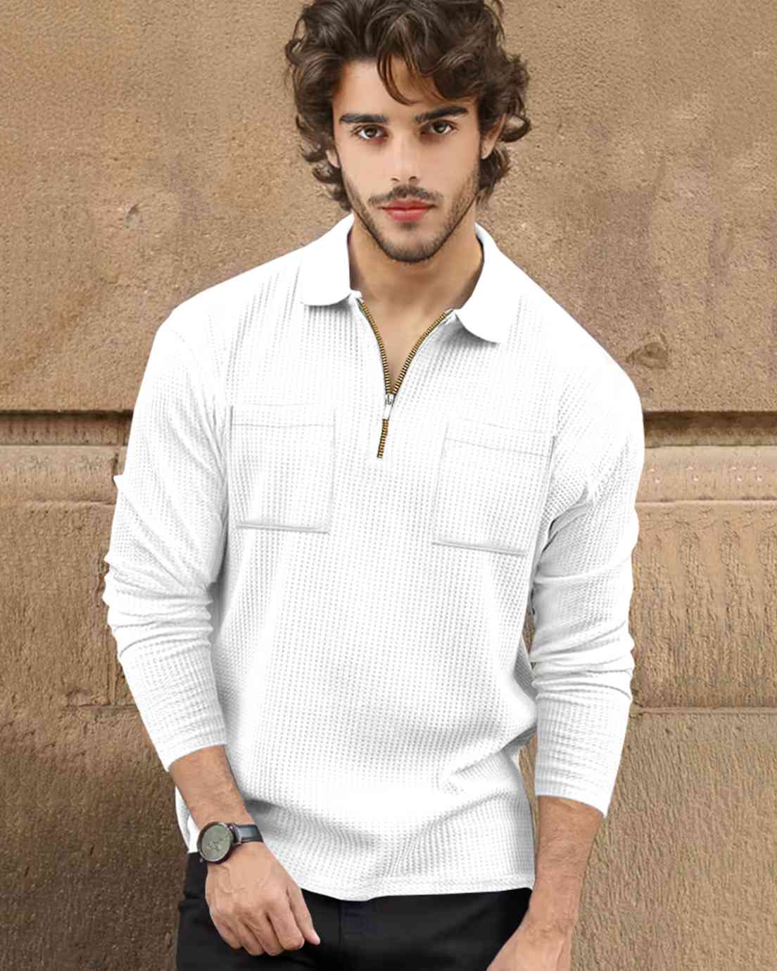 Men Full Sleeve Double Poacket Polo Waffle White T-shirt