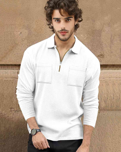 Men Full Sleeve Double Poacket Polo Waffle White T-shirt