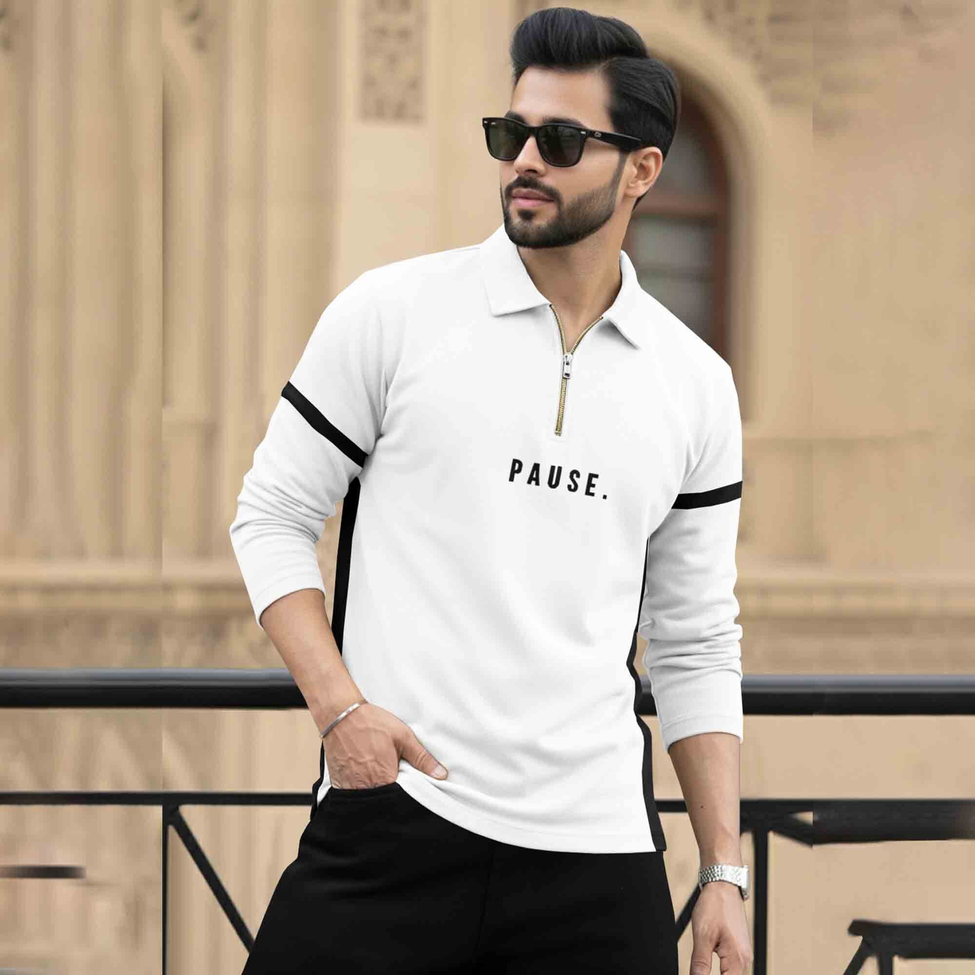 Men Quarter Zip Polo Neck Dual Color T-SHIRT White & Black