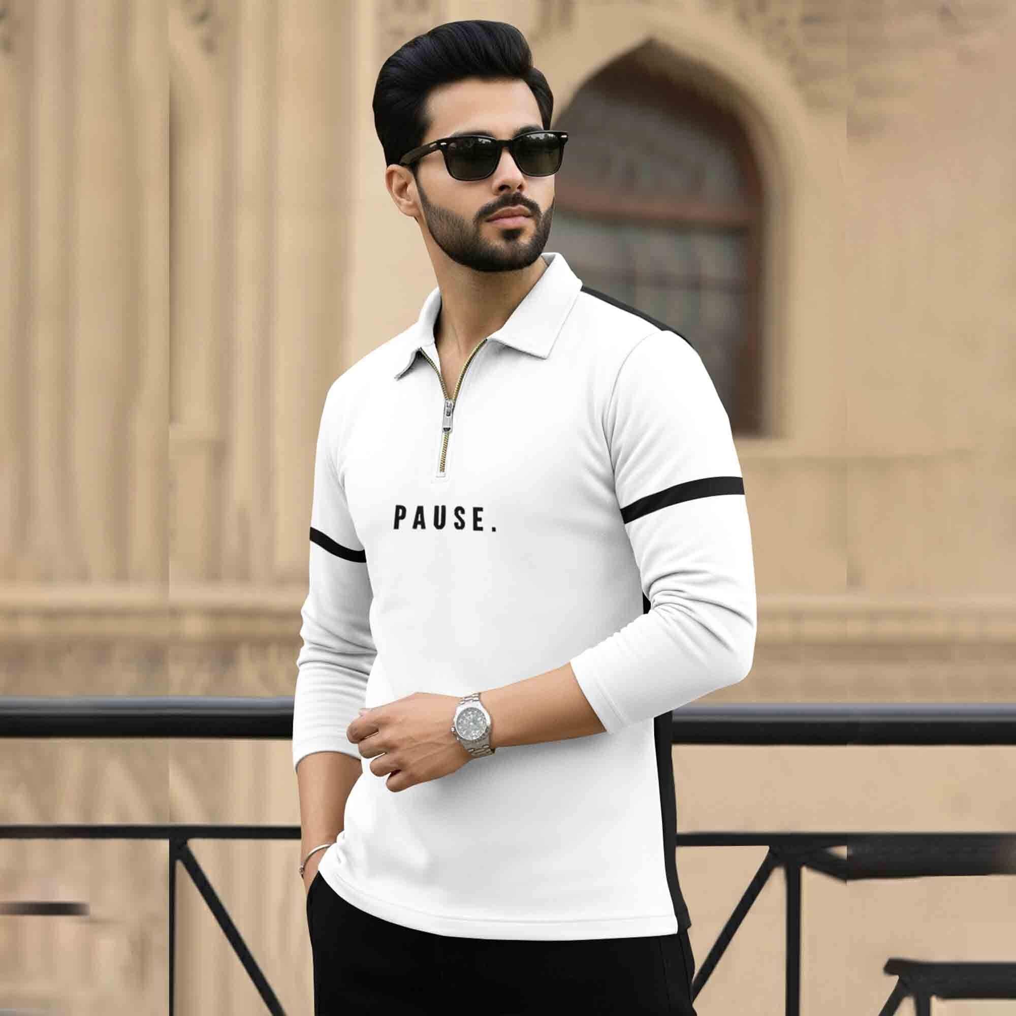 Men Quarter Zip Polo Neck Dual Color T-SHIRT White & Black