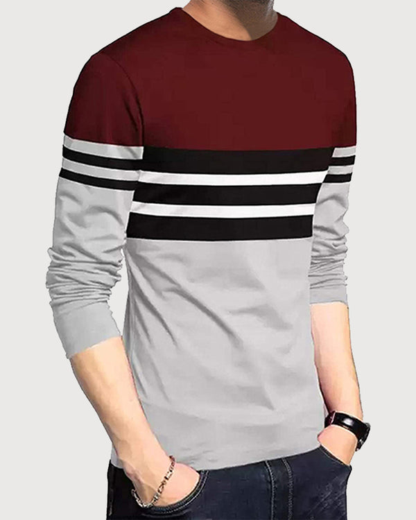 Men Maroon Grey Striped Long Sleeve T-Shirt