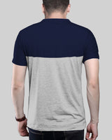 Men Navy Blue Grey Half Hand Round Neck Striped T-shirt