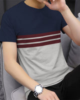 Men Navy Blue Grey Half Hand Round Neck Striped T-shirt