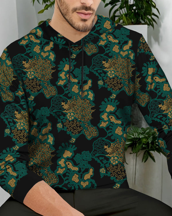 Men Coral Printed Hooded Black Tshirt