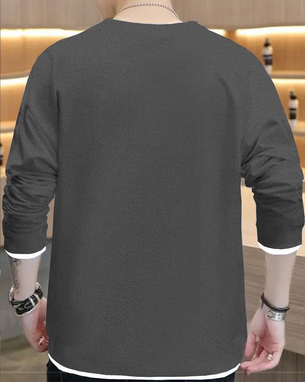 Dark Grey Full Sleeve White Piping Round Neck Men's T-Shirt