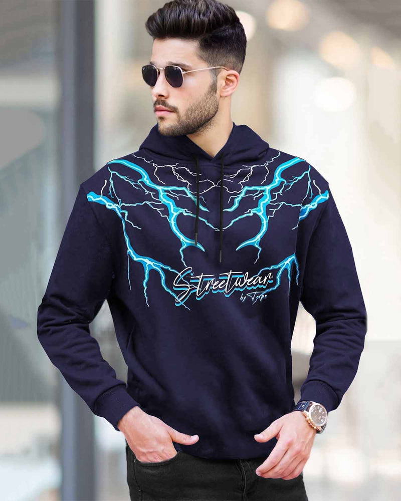 Men Thunder Printed Hooded Neck T-Shirt / Navy Blue