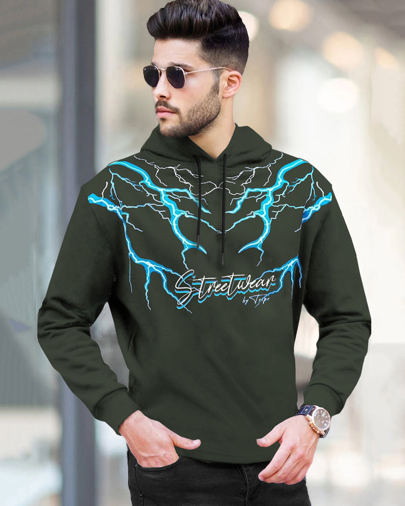 Men Thunder Printed Hooded Neck Olive Green T-Shirt