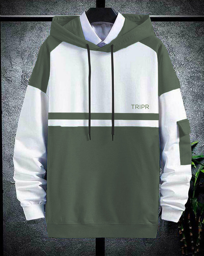 men hooded Olive Green-White Sweatshirt