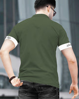 Men Polo Collar Olivegreen White Contrast T-shirt