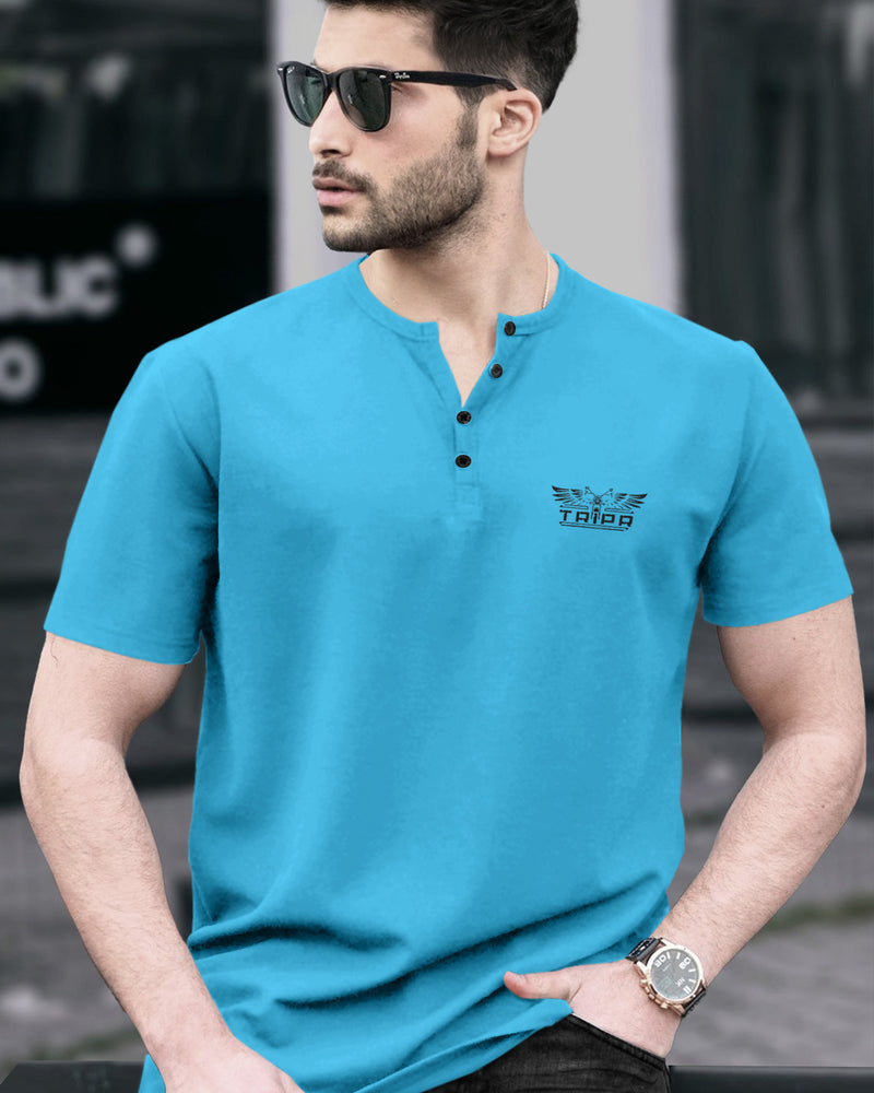 Men Skyblue V-neck Button Half Sleeve T-shirt