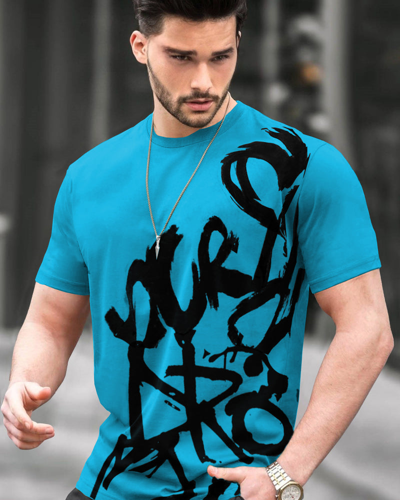 Men Skyblue Printed Half Sleeve Round Neck T-shirt