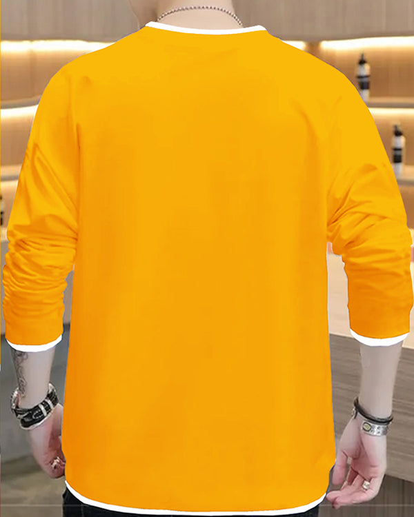 Men Solid Yellow White Piping Full Hand T-shirt