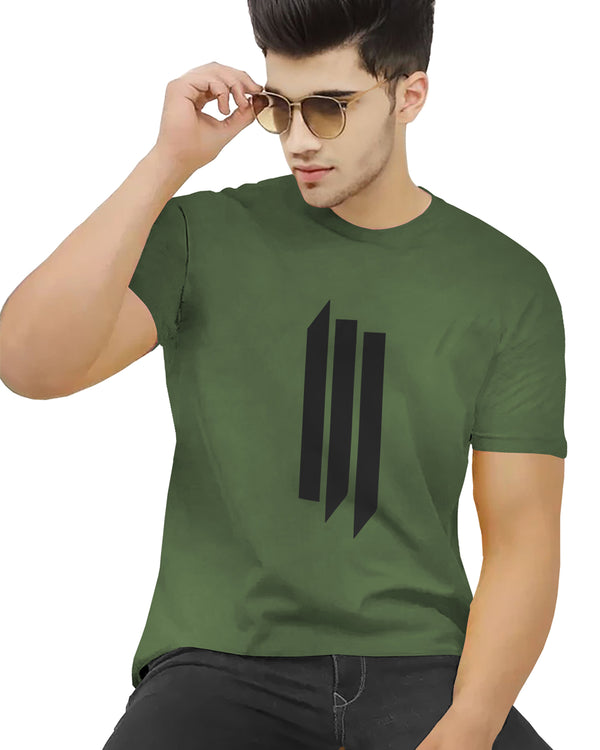 Men Olive Green Vertical Printed Round Neck T-shirt
