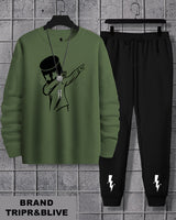 Men Marshmellow Printed Olive Green T-shirt & Black Track pant