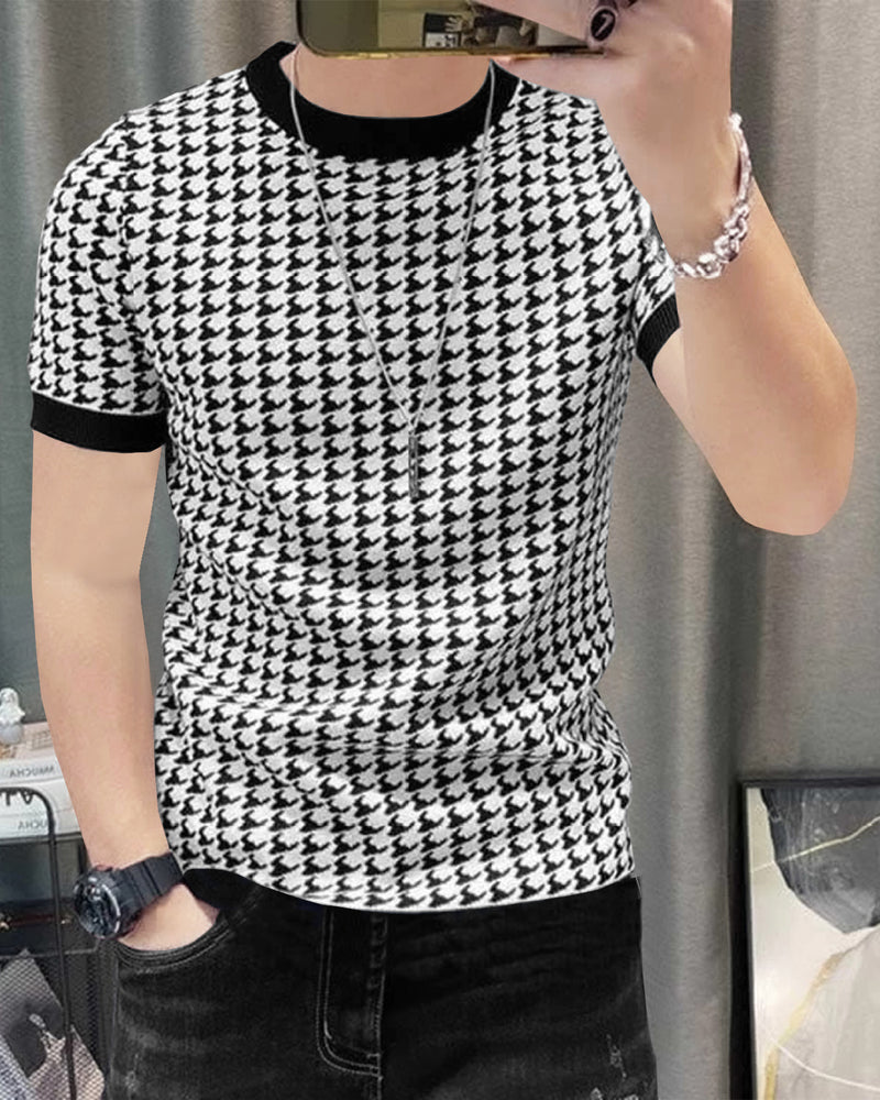 Men Printed Round Neck Cotton Blend White, Black T-Shirt