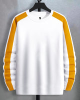 Solid Men Round Neck White Yellow Full Sleeve T-Shirt