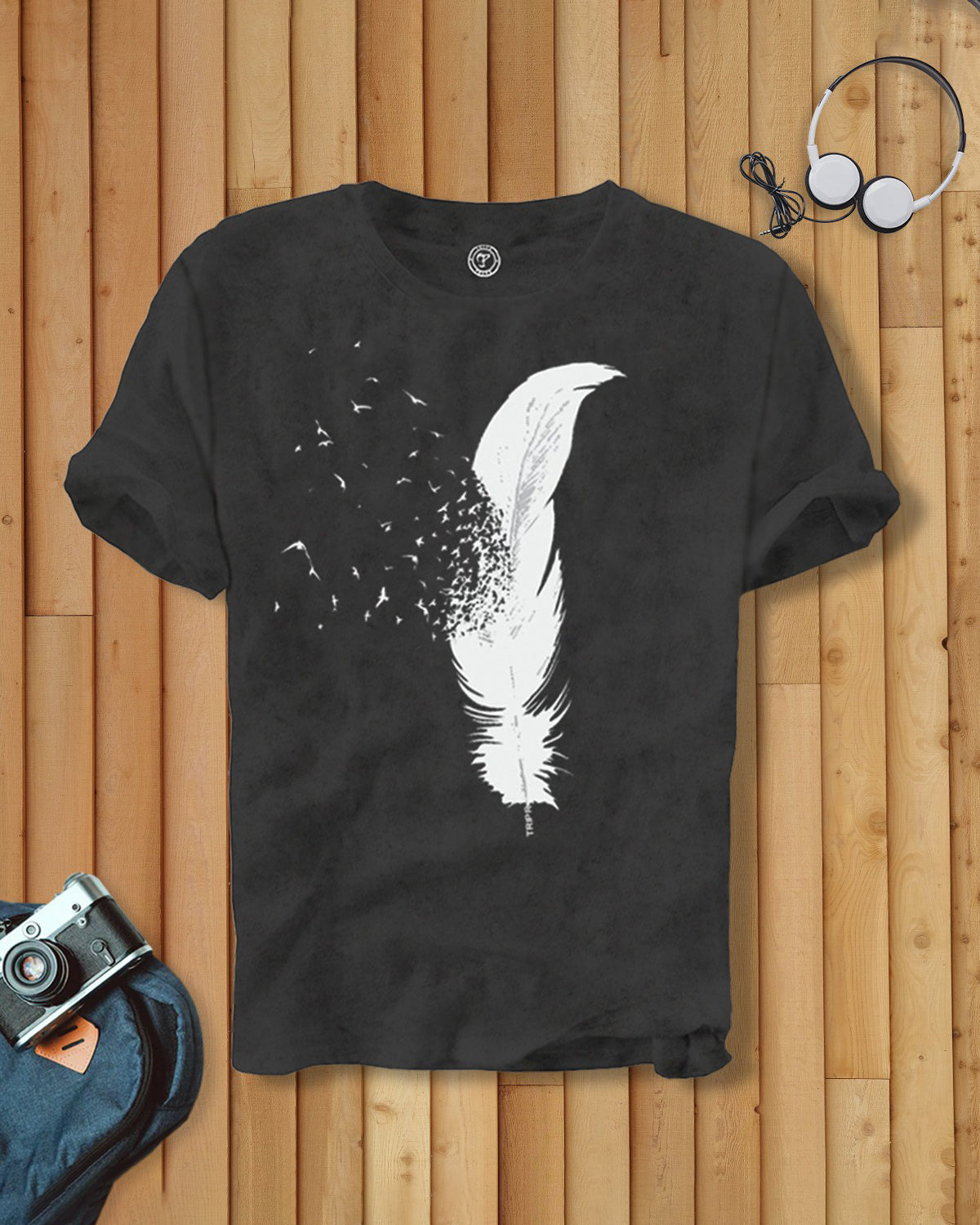 Buy Men Feather Printed Half Sleeve Charcoal Black Tshirt Online TRIPR