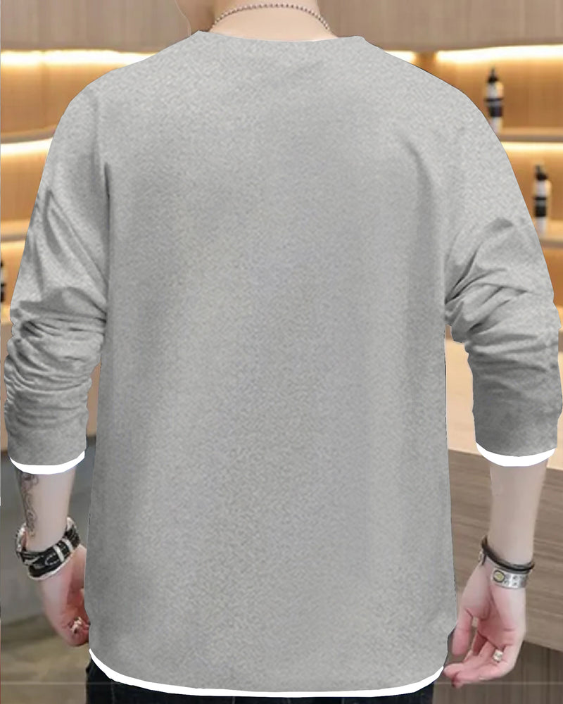 Grey Full Sleeve White Piping Round Neck Men's T-Shirt