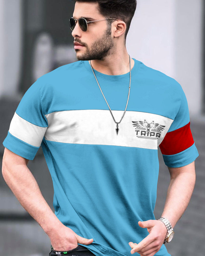 Men Sky Blue Striped Half Sleeve Round Neck T-shirt