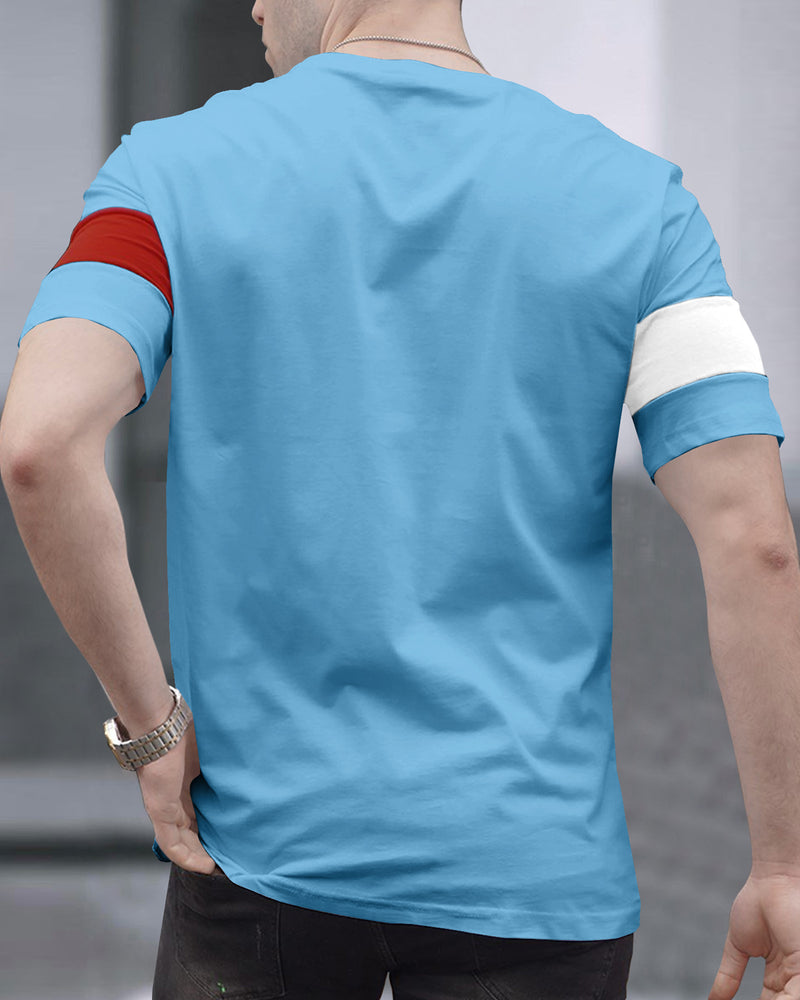 Men Sky Blue Striped Half Sleeve Round Neck T-shirt