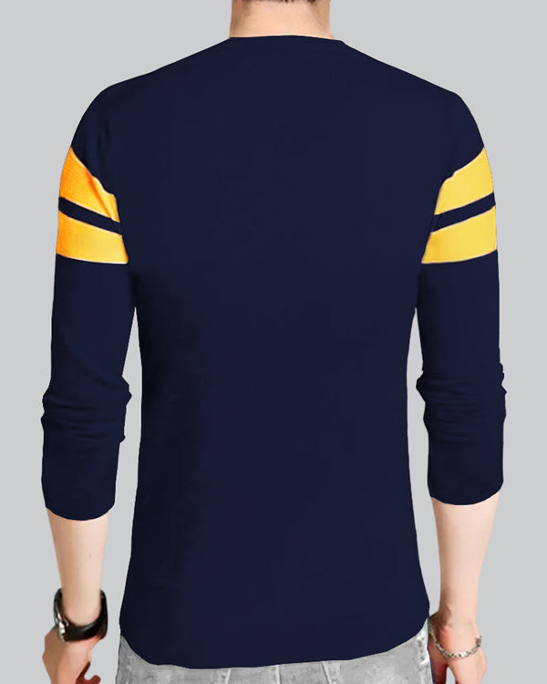 Men Full Sleeve Blue Yellow Horizondal Striped T-shirt