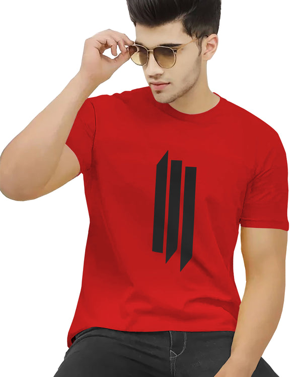 Men Red Line Printed Round Neck Half Sleeve T-shirt