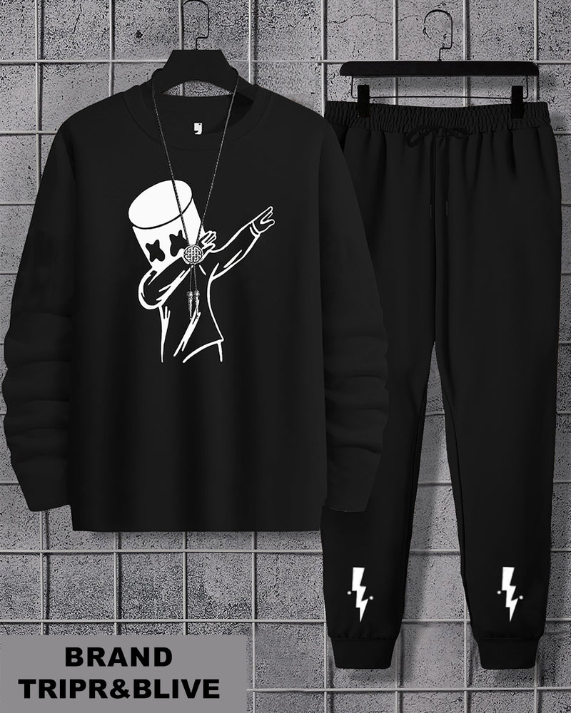 Black Marshmellow Printed Full Sleeve T-shirt & Black Jogger Pant Tracksuit