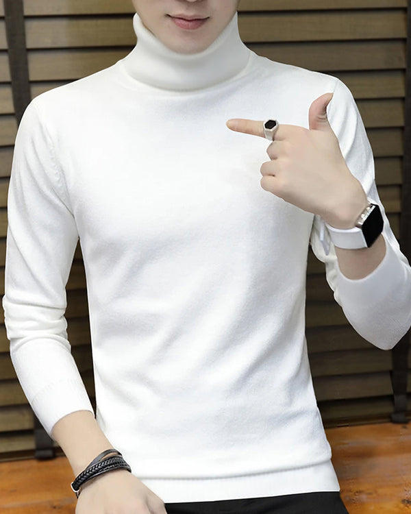Men High Neck Solid White Full Hand T-shirt