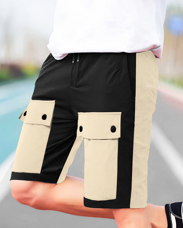 Men Colourblocked Multi-pocket Beige-Black Shorts