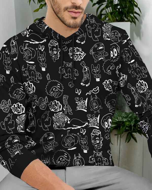 Black Hooded Full Sleeve Cuffed Print T-shirt