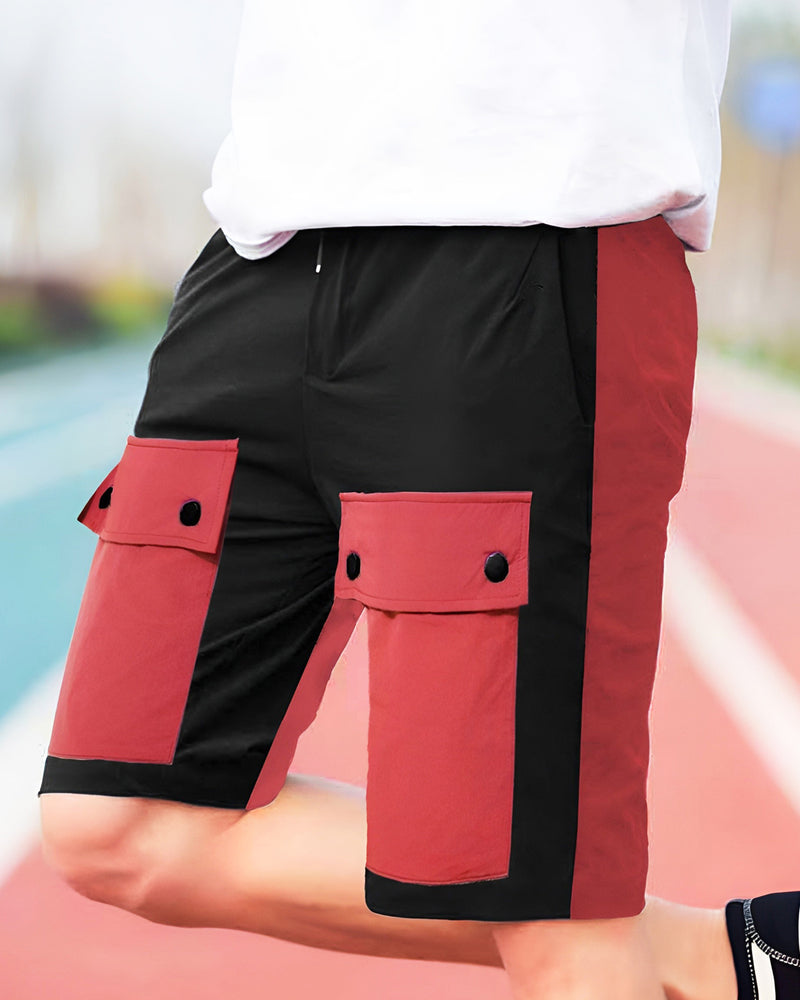 Men Colourblocked Multi-pocket Red-Black Shorts