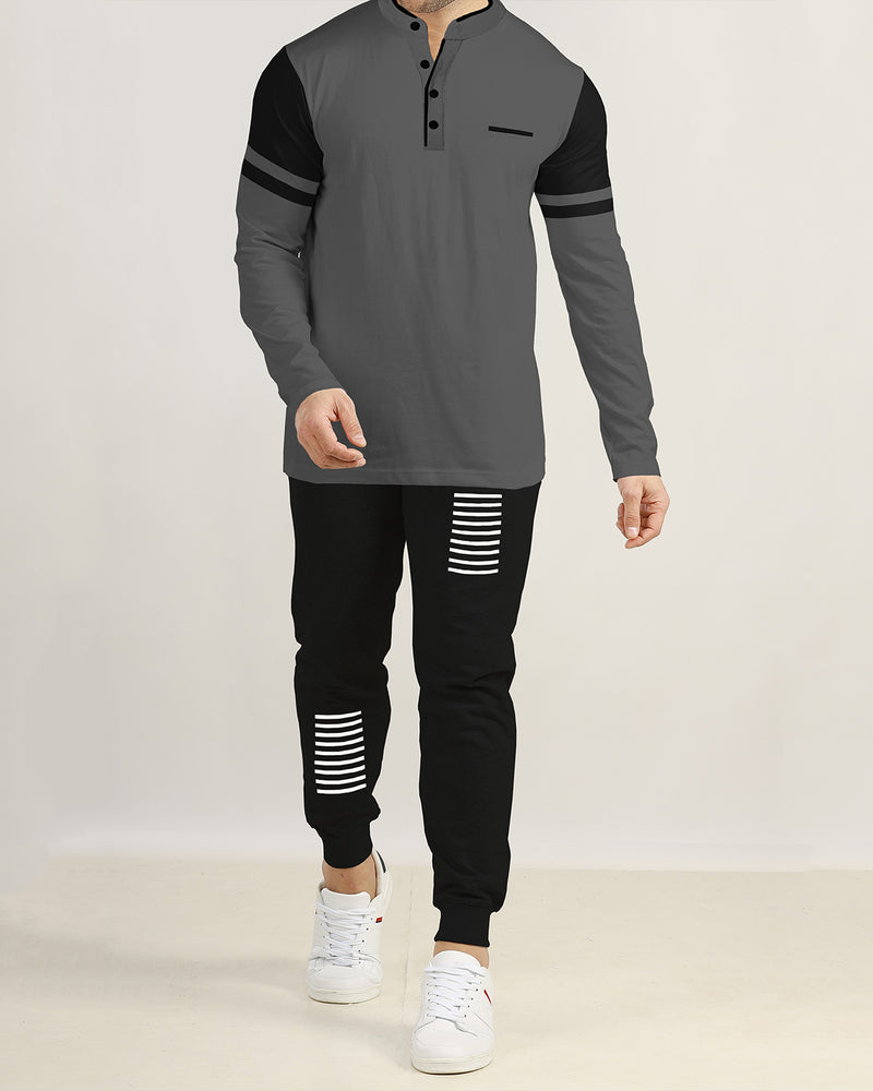 Men Tracksuit Set | Grey Henley T-shirt | Black Trackpant