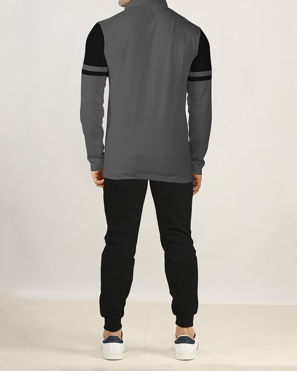 Men Tracksuit Set | Grey Henley T-shirt | Black Trackpant