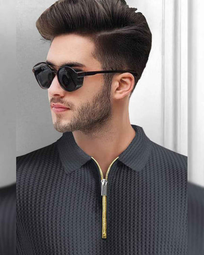 Men’s Waffle Textured Darkgrey Polo T-Shirt with Quarter Zip Neck – Full Sleeve