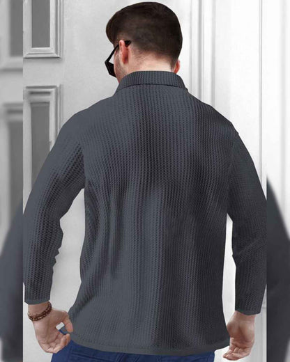 Men’s Waffle Textured Darkgrey Polo T-Shirt with Quarter Zip Neck – Full Sleeve