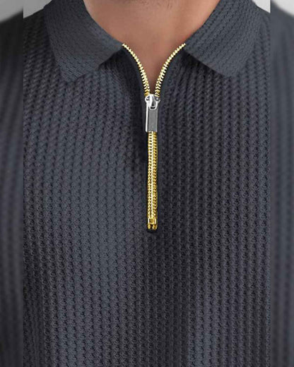 Men’s Waffle Textured Darkgrey Polo T-Shirt with Quarter Zip Neck – Full Sleeve