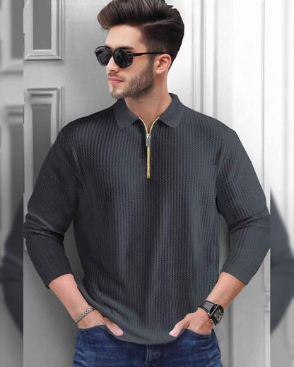Men’s Waffle Textured Darkgrey Polo T-Shirt with Quarter Zip Neck – Full Sleeve