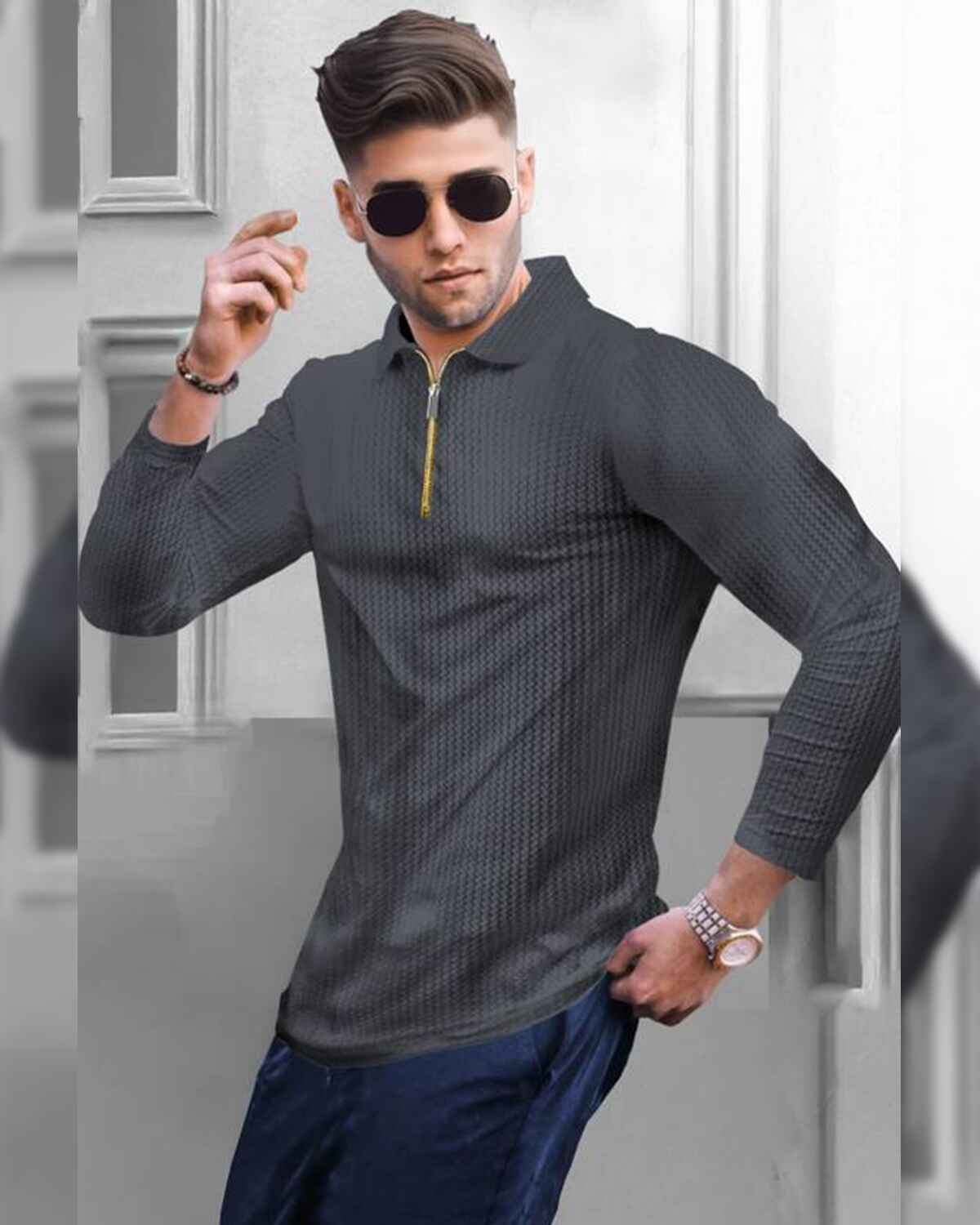 Men’s Waffle Textured Darkgrey Polo T-Shirt with Quarter Zip Neck – Full Sleeve