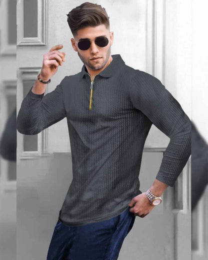 Men’s Waffle Textured Darkgrey Polo T-Shirt with Quarter Zip Neck – Full Sleeve