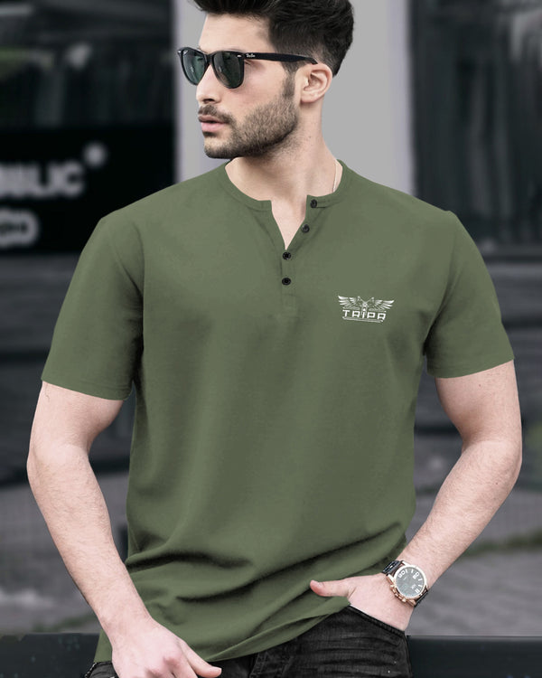 Men Olivegreen V-neck Button Half Sleeve T-shirt