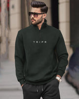 Men Zipper High Neck Olivegreen Sweatshirt