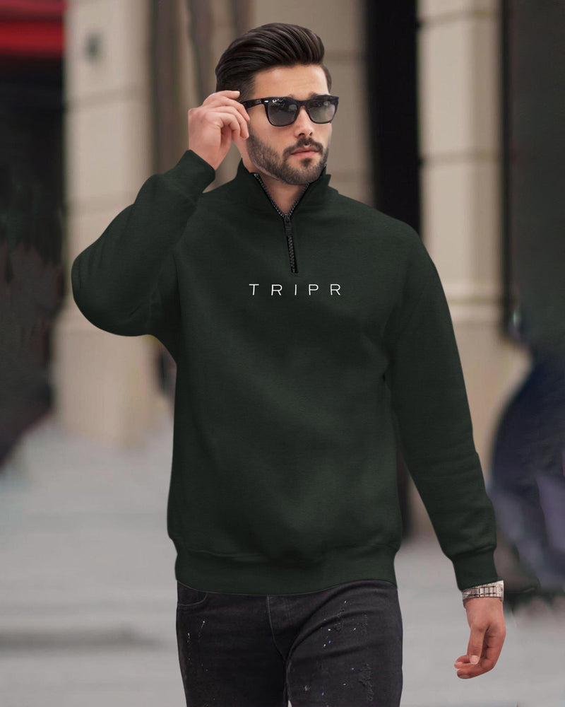 Men Zipper High Neck Olivegreen Sweatshirt