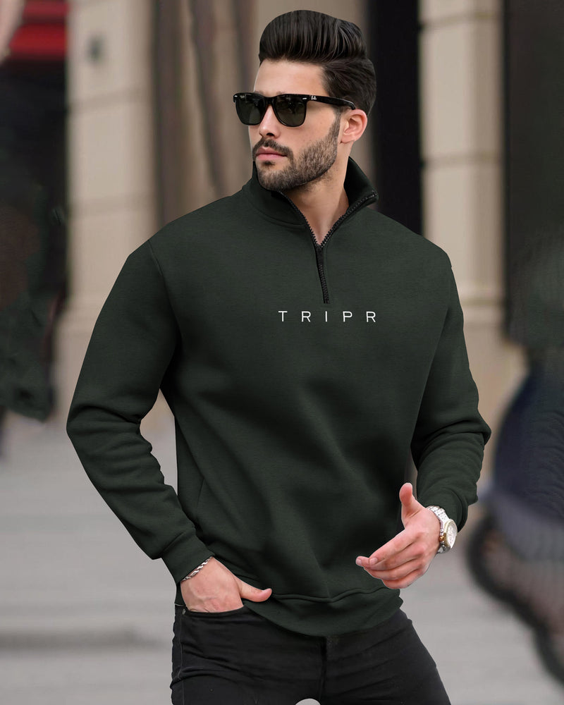 Men Zipper High Neck Olivegreen Sweatshirt