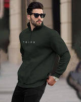 Men Zipper High Neck Olivegreen Sweatshirt